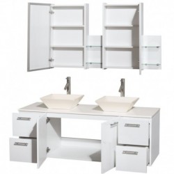 60 inch Double Bathroom Vanity in Glossy White, White Man-Made Stone Countertop, Pyra Bone Porcelain Sinks, and Medicine Cabine