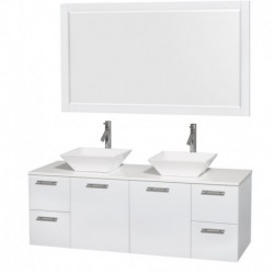 60 inch Double Bathroom Vanity in Glossy White, White Man-Made Stone Countertop, Pyra White Sinks, and 58 inch Mirror