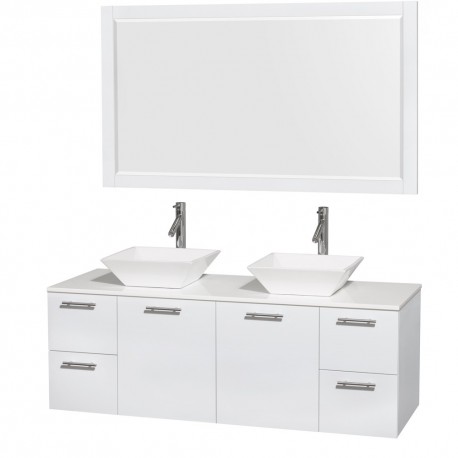 60 inch Double Bathroom Vanity in Glossy White, White Man-Made Stone Countertop, Pyra White Sinks, and 58 inch Mirror