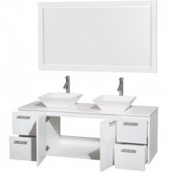 60 inch Double Bathroom Vanity in Glossy White, White Man-Made Stone Countertop, Pyra White Sinks, and 58 inch Mirror