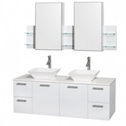 60 inch Double Bathroom Vanity in Glossy White, White Man-Made Stone Countertop, Pyra White Sinks, and Medicine Cabinets