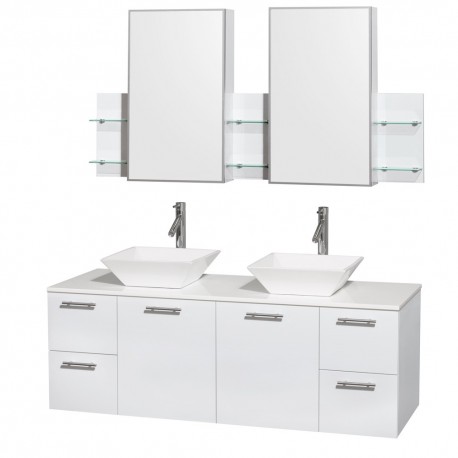 60 inch Double Bathroom Vanity in Glossy White, White Man-Made Stone Countertop, Pyra White Sinks, and Medicine Cabinets