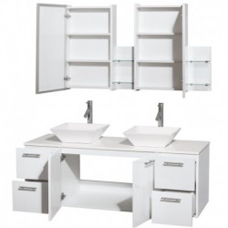 60 inch Double Bathroom Vanity in Glossy White, White Man-Made Stone Countertop, Pyra White Sinks, and Medicine Cabinets