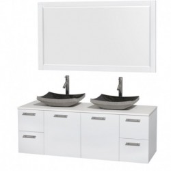 60 inch Double Bathroom Vanity in Glossy White, White Man-Made Stone Countertop, Altair Black Granite Sinks, and 58 inch Mirror