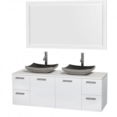 60 inch Double Bathroom Vanity in Glossy White, White Man-Made Stone Countertop, Altair Black Granite Sinks, and 58 inch Mirror