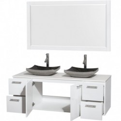 60 inch Double Bathroom Vanity in Glossy White, White Man-Made Stone Countertop, Altair Black Granite Sinks, and 58 inch Mirror