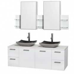 60 inch Double Bathroom Vanity in Glossy White, White Man-Made Stone Countertop, Altair Black Granite Sinks, and Medicine Cabin