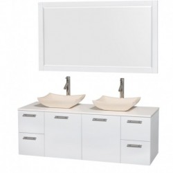 60 inch Double Bathroom Vanity in Glossy White, White Man-Made Stone Countertop, Avalon Ivory Marble Sinks, and 58 inch Mirror