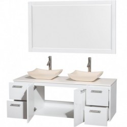 60 inch Double Bathroom Vanity in Glossy White, White Man-Made Stone Countertop, Avalon Ivory Marble Sinks, and 58 inch Mirror