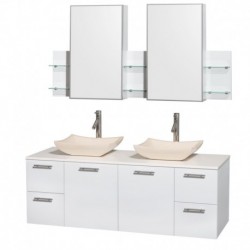 60 inch Double Bathroom Vanity in Glossy White, White Man-Made Stone Countertop, Avalon Ivory Marble Sinks, and Medicine Cabine