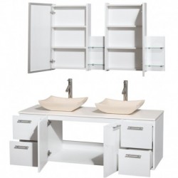 60 inch Double Bathroom Vanity in Glossy White, White Man-Made Stone Countertop, Avalon Ivory Marble Sinks, and Medicine Cabine