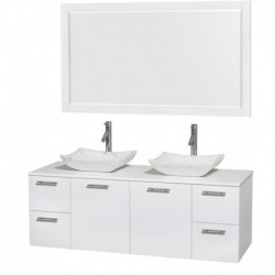 60 inch Double Bathroom Vanity in Glossy White, White Man-Made Stone Countertop, Avalon White Carrera Marble Sinks, and 58 inch