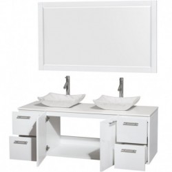 60 inch Double Bathroom Vanity in Glossy White, White Man-Made Stone Countertop, Avalon White Carrera Marble Sinks, and 58 inch