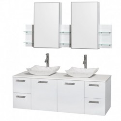 60 inch Double Bathroom Vanity in Glossy White, White Man-Made Stone Countertop, Avalon White Carrera Marble Sinks, and Medicin