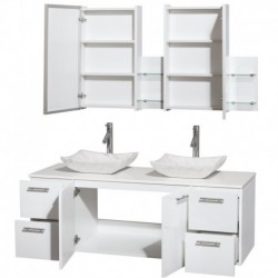 60 inch Double Bathroom Vanity in Glossy White, White Man-Made Stone Countertop, Avalon White Carrera Marble Sinks, and Medicin