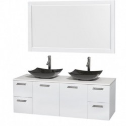 60 inch Double Bathroom Vanity in Glossy White, White Man-Made Stone Countertop, Arista Black Granite Sinks, and 58 inch Mirror