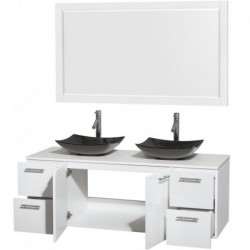 60 inch Double Bathroom Vanity in Glossy White, White Man-Made Stone Countertop, Arista Black Granite Sinks, and 58 inch Mirror