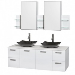 60 inch Double Bathroom Vanity in Glossy White, White Man-Made Stone Countertop, Arista Black Granite Sinks, and Medicine Cabin