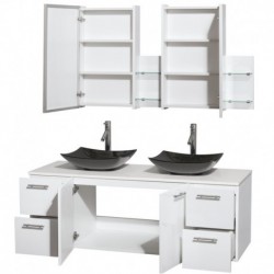 60 inch Double Bathroom Vanity in Glossy White, White Man-Made Stone Countertop, Arista Black Granite Sinks, and Medicine Cabin