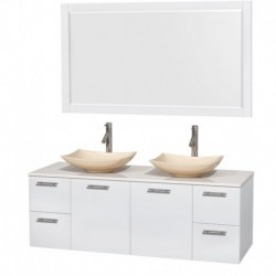 60 inch Double Bathroom Vanity in Glossy White, White Man-Made Stone Countertop, Arista Ivory Marble Sinks, and 58 inch Mirror