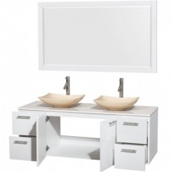 60 inch Double Bathroom Vanity in Glossy White, White Man-Made Stone Countertop, Arista Ivory Marble Sinks, and 58 inch Mirror