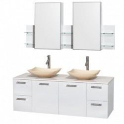 60 inch Double Bathroom Vanity in Glossy White, White Man-Made Stone Countertop, Arista Ivory Marble Sinks, and Medicine Cabine