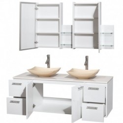 60 inch Double Bathroom Vanity in Glossy White, White Man-Made Stone Countertop, Arista Ivory Marble Sinks, and Medicine Cabine