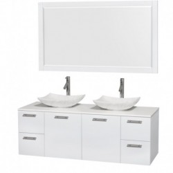 60 inch Double Bathroom Vanity in Glossy White, White Man-Made Stone Countertop, Arista White Carrera Marble Sinks, and 58 inch