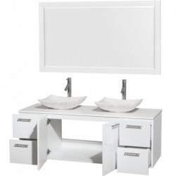 60 inch Double Bathroom Vanity in Glossy White, White Man-Made Stone Countertop, Arista White Carrera Marble Sinks, and 58 inch