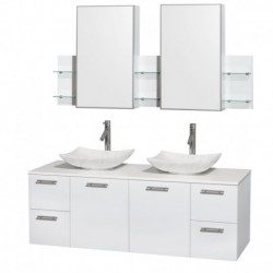 60 inch Double Bathroom Vanity in Glossy White, White Man-Made Stone Countertop, Arista White Carrera Marble Sinks, and Medicin