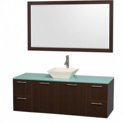 60 inch Single Bathroom Vanity in Espresso with Green Glass Top with Bone Porcelain Sink, and 58 inch Mirror