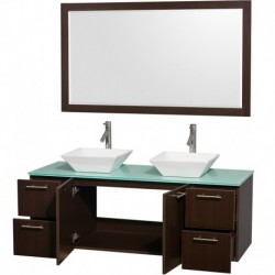 60 inch Double Bathroom Vanity in Espresso with Green Glass Top with White Porcelain Sinks, and 58 inch Mirror
