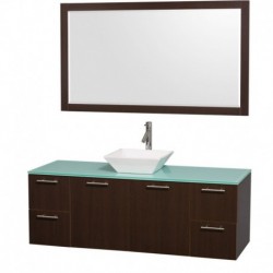 60 inch Single Bathroom Vanity in Espresso with Green Glass Top with White Porcelain Sink, and 58 inch Mirror