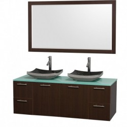 60 inch Double Bathroom Vanity in Espresso with Green Glass Top with Black Granite Sinks, and 58 inch Mirror