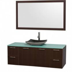 60 inch Single Bathroom Vanity in Espresso with Green Glass Top with Black Granite Sink, and 58 inch Mirror