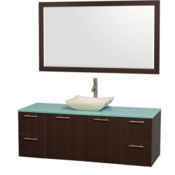 60 inch Single Bathroom Vanity in Espresso with Green Glass Top with Ivory Marble Sink, and 58 inch Mirror