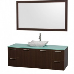 60 inch Single Bathroom Vanity in Espresso with Green Glass Top with Carrera Marble Sink, and 58 inch Mirror