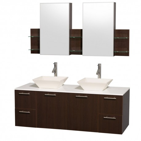 60 inch Double Bathroom Vanity in Espresso with White Man-Made Stone Top with Bone Porcelain Sinks, and Medicine Cabinets