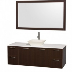 60 inch Single Bathroom Vanity in Espresso with White Man-Made Stone Top with Bone Porcelain Sink, and 58 inch Mirror