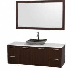 60 inch Single Bathroom Vanity in Espresso with White Man-Made Stone Top with Black Granite Sink, and 58 inch Mirror