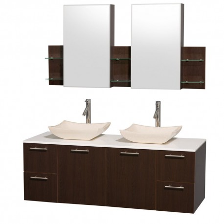60 inch Double Bathroom Vanity in Espresso with White Man-Made Stone Top with Ivory Marble Sinks, and Medicine Cabinets