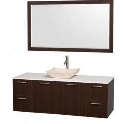 60 inch Single Bathroom Vanity in Espresso with White Man-Made Stone Top with Ivory Marble Sink, and 58 inch Mirror