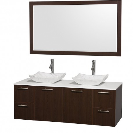 60 inch Double Bathroom Vanity in Espresso with White Man-Made Stone Top with Carrera Marble Sinks, and 58 inch Mirror