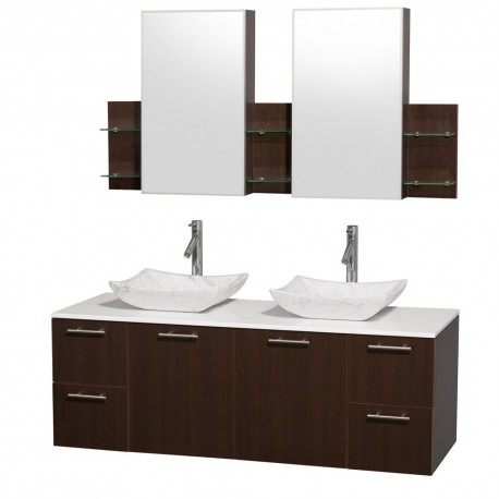 60 inch Double Bathroom Vanity in Espresso with White Man-Made Stone Top with Carrera Marble Sinks, and Medicine Cabinets