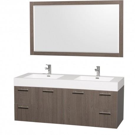 60 inch Double Bathroom Vanity in Gray Oak with Acrylic Resin Top, Integrated Sinks, and 58 inch Mirror