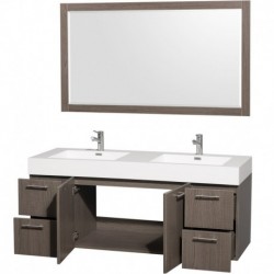 60 inch Double Bathroom Vanity in Gray Oak with Acrylic Resin Top, Integrated Sinks, and 58 inch Mirror