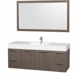 60 inch Single Bathroom Vanity in Gray Oak with Acrylic Resin Top, Integrated Sink, and 58 inch Mirror