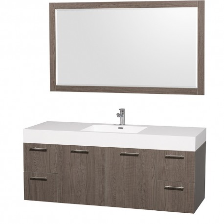 60 inch Single Bathroom Vanity in Gray Oak with Acrylic Resin Top, Integrated Sink, and 58 inch Mirror