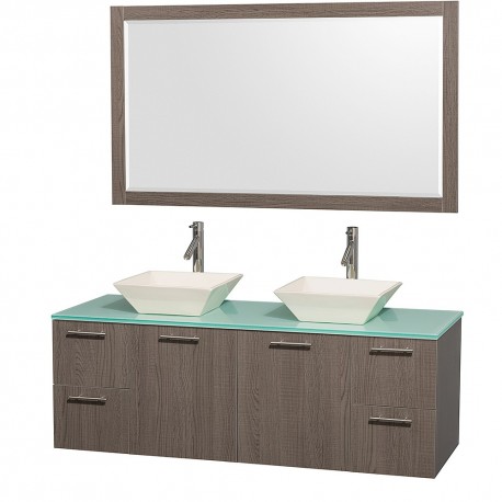 60 inch Double Bathroom Vanity in Gray Oak with Green Glass Top with Bone Porcelain Sinks, and 58 inch Mirror