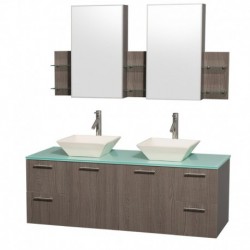 60 inch Double Bathroom Vanity in Gray Oak with Green Glass Top with Bone Porcelain Sinks, and Medicine Cabinets